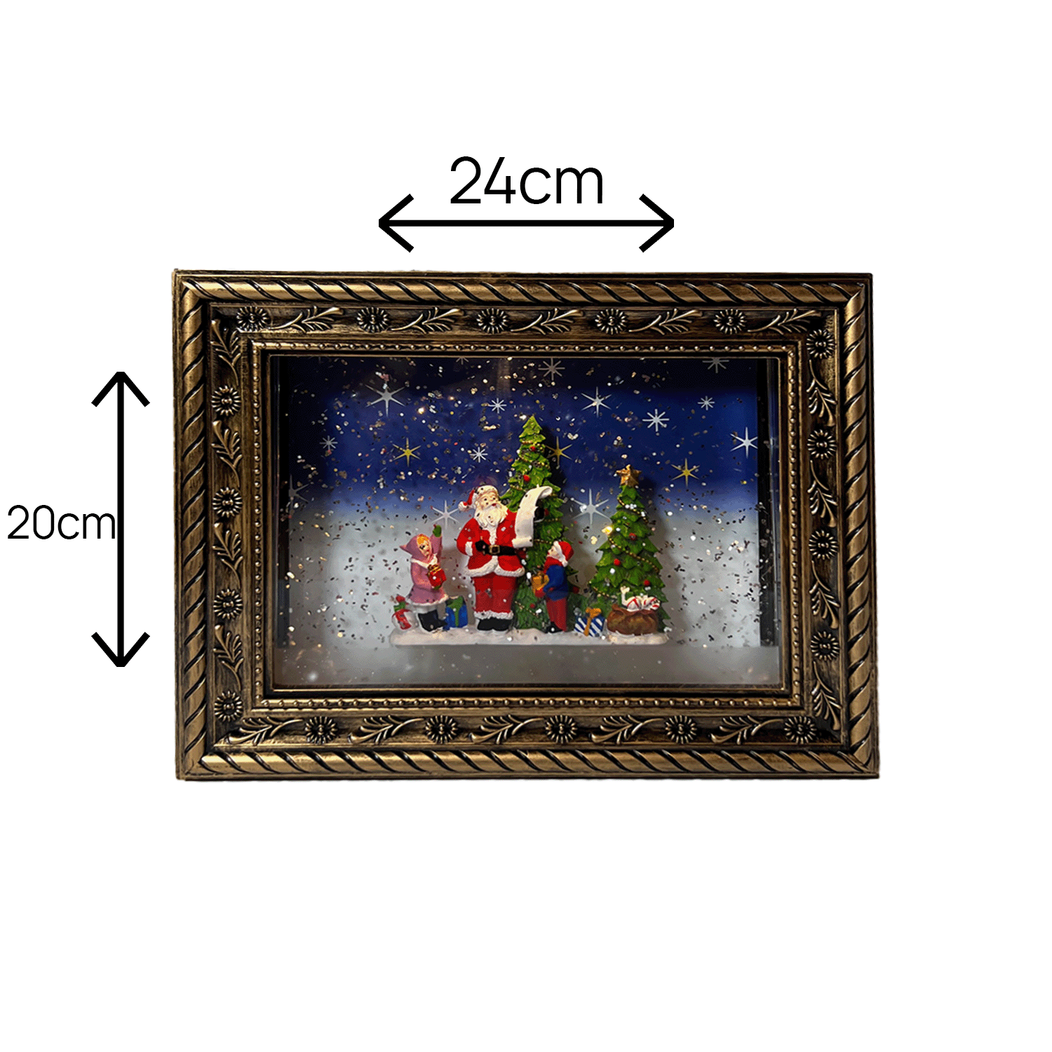 Dimensiune Felinar muzical de Crăciun Ramă foto cu lumină LED și zăpadă în mișcare, alimentare USB, 24x20cm