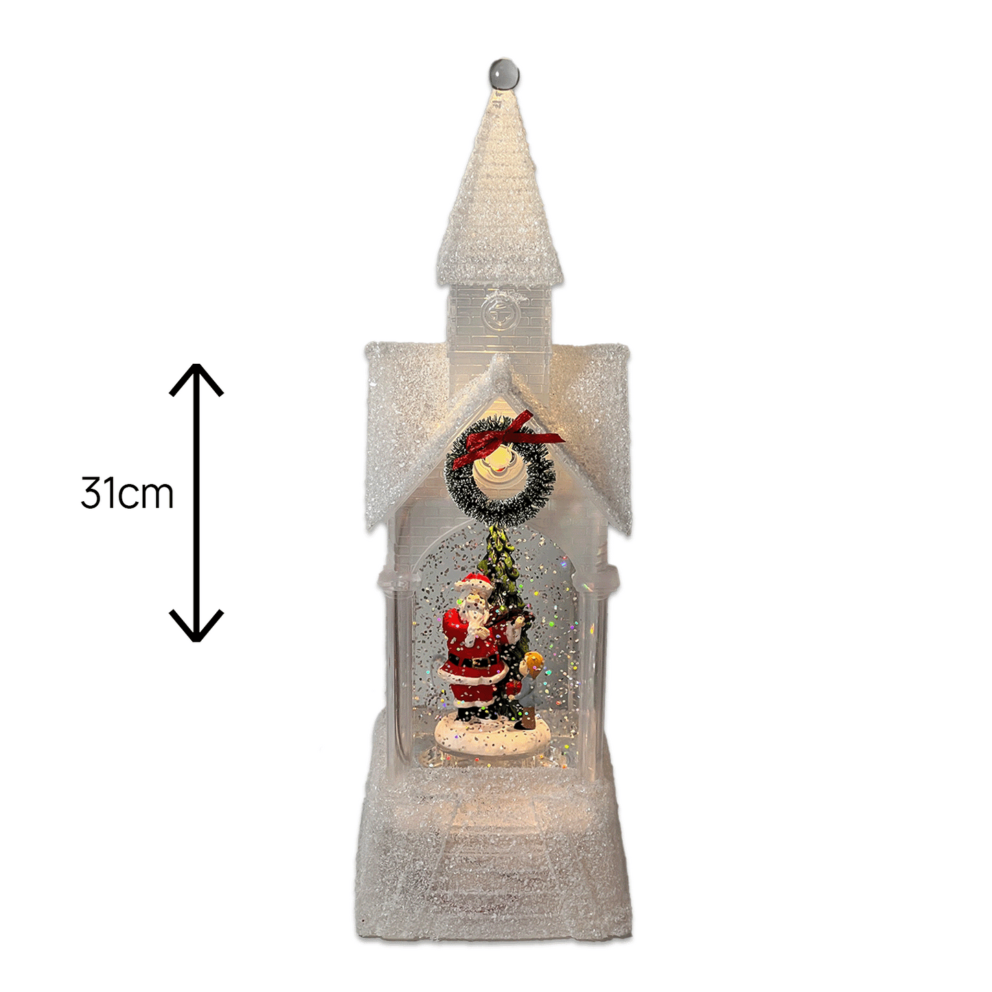 Felinar muzical de Crăciun cu lumină LED si zăpadă în mișcare 31cm