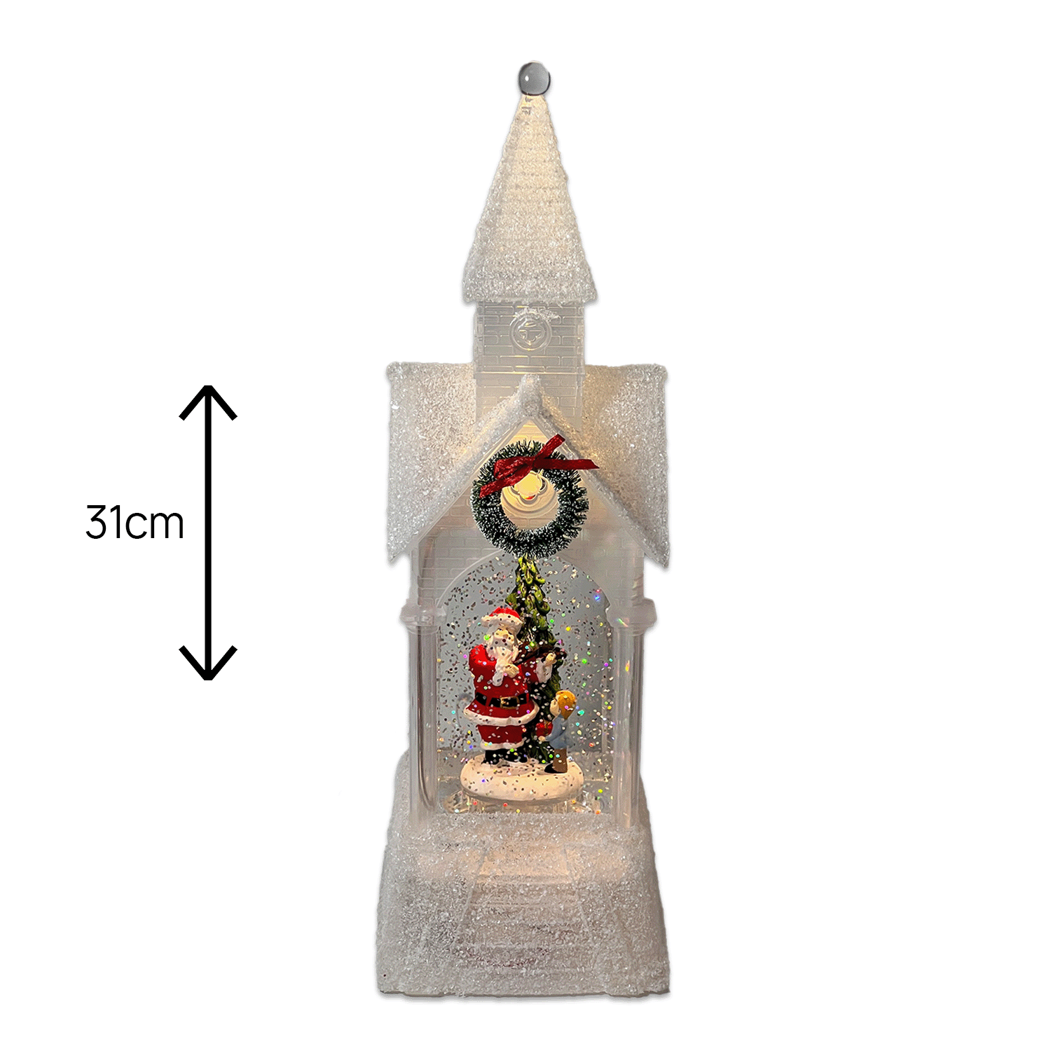 Felinar muzical de Crăciun cu lumină LED si zăpadă în mișcare 31cm